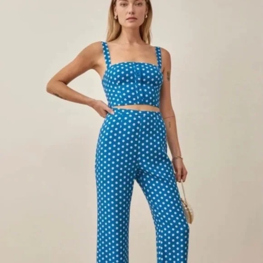 Reformation Blue & White Polka Dot High-Waist Wide-Leg Pants